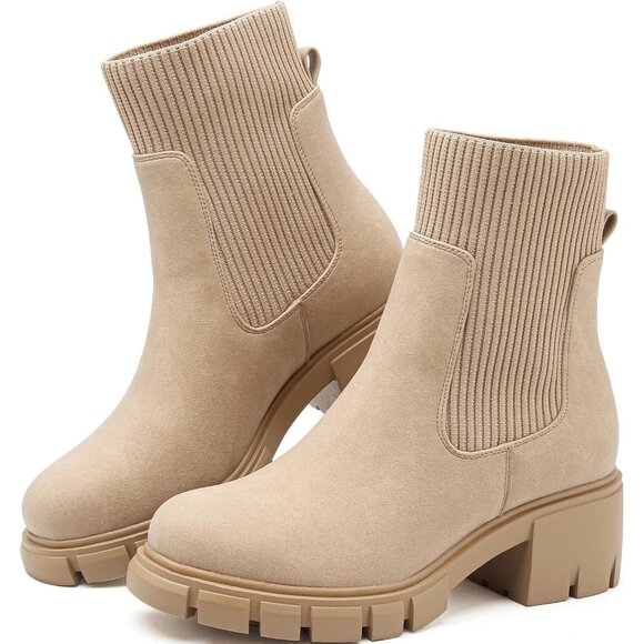 BKWHDAY Shoes - BKWHDAY Women's Apricot Chelsea Platform Ankle Boots Fashion Chunky Heel